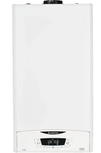 Ariston combi boiler unit showing compact white design for home heating and hot water